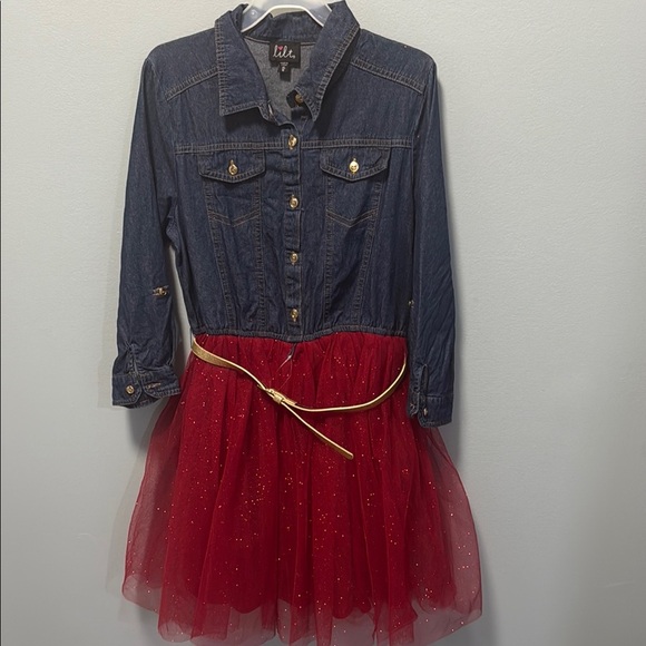 Lilt Blue and Red Jean dress  with Tulle Accents - Picture 1 of 10
